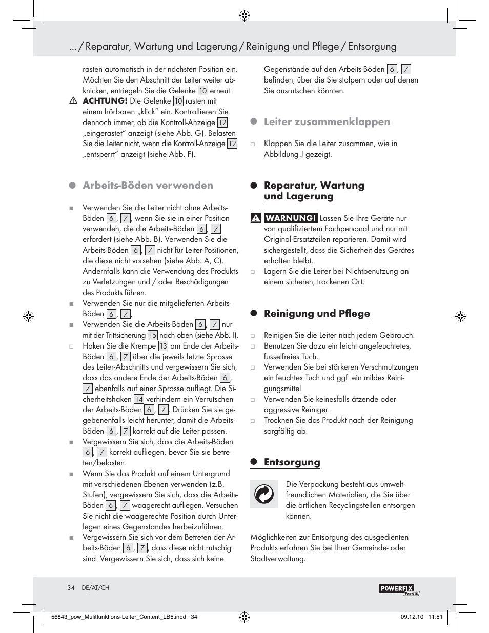 Arbeits-böden verwenden, Leiter zusammenklappen, Reparatur, wartung und lagerung | Reinigung und pﬂege, Entsorgung | Powerfix Z30473 User Manual | Page 32 / 35
