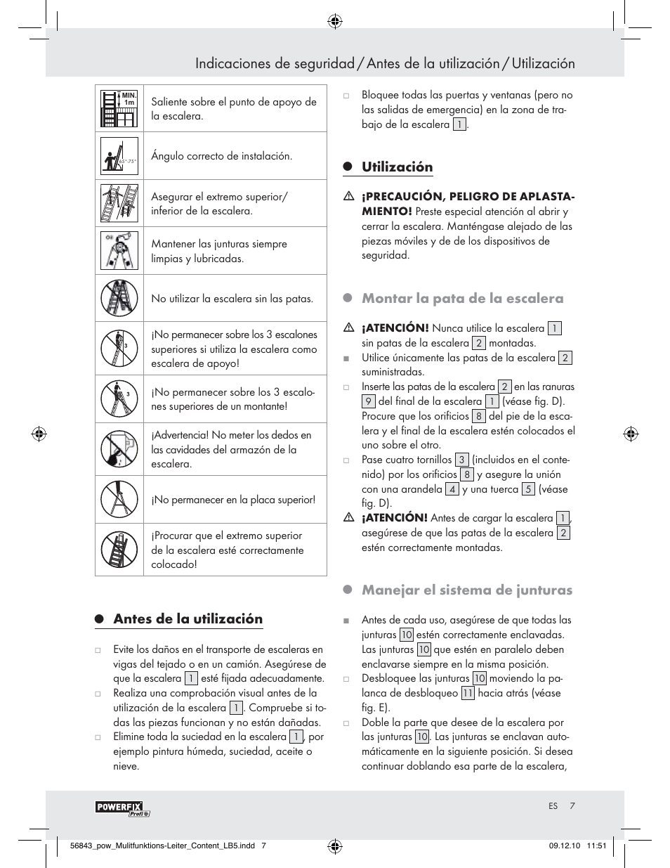 Antes de la utilización, Utilización, Montar la pata de la escalera | Manejar el sistema de junturas | Powerfix Z30473 User Manual | Page 5 / 35