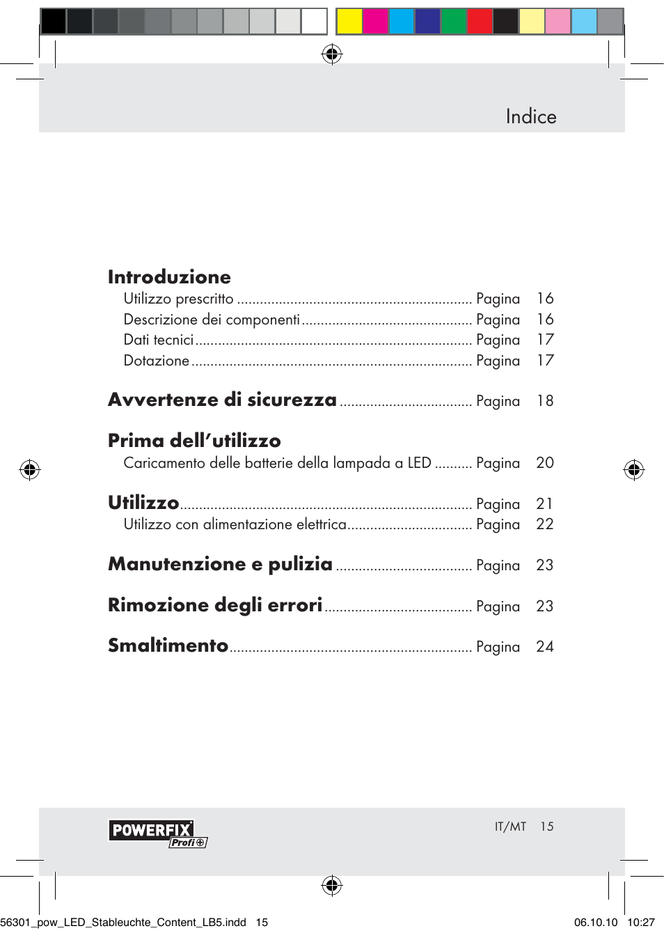 Indice, Introduzione, Avvertenze di sicurezza | Prima dell’utilizzo, Utilizzo, Manutenzione e pulizia, Rimozione degli errori, Smaltimento | Powerfix Z30590-BS User Manual | Page 13 / 56