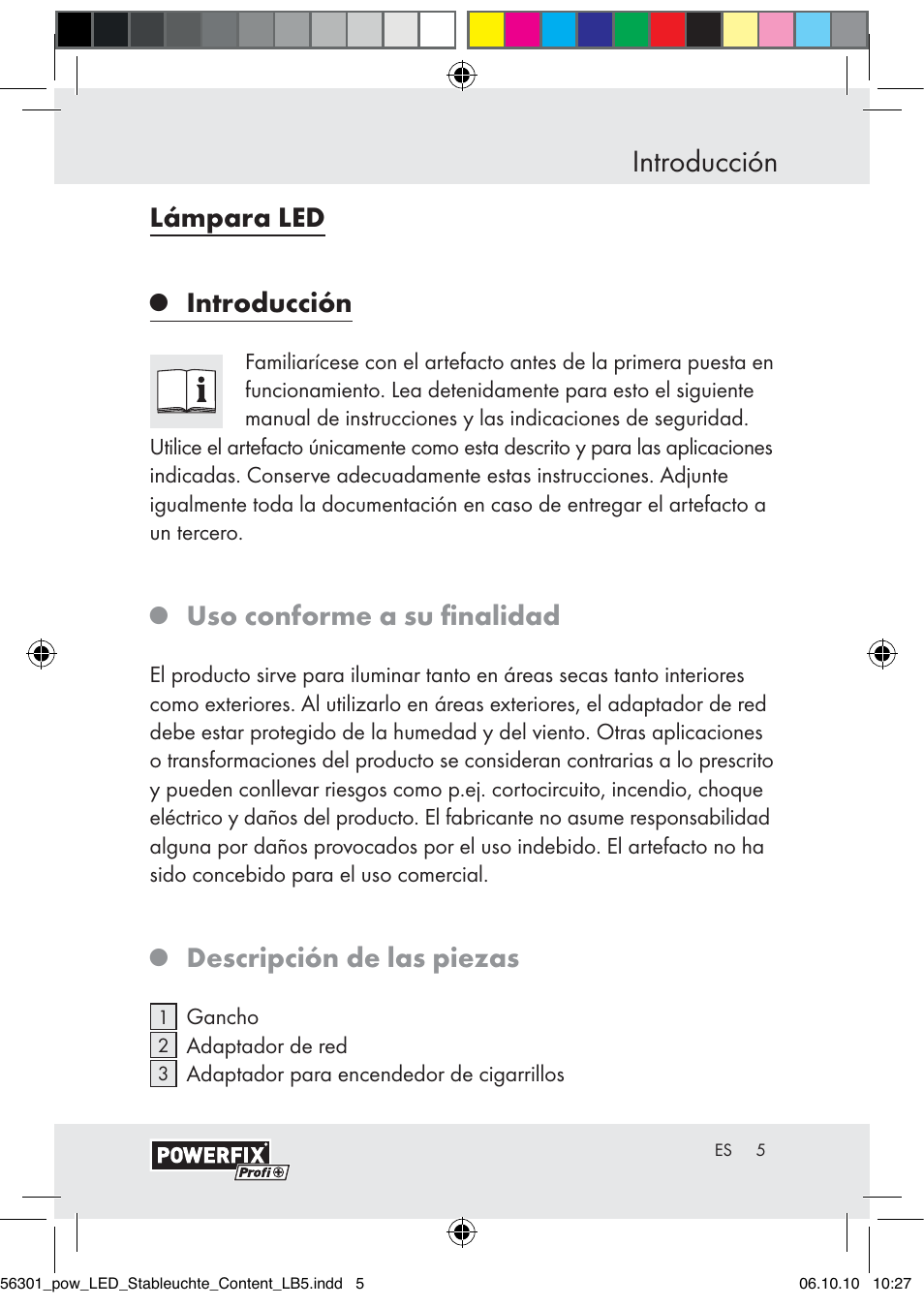 Introducción, Lámpara led, Uso conforme a su ﬁnalidad | Descripción de las piezas | Powerfix Z30590-BS User Manual | Page 3 / 56