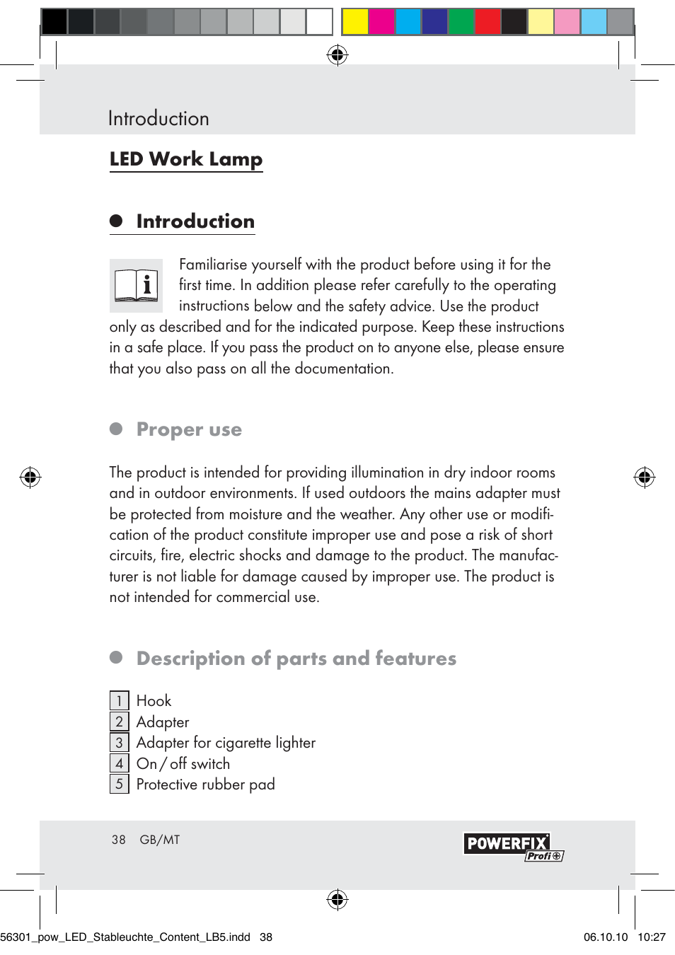 Introduction, Led work lamp, Proper use | Description of parts and features | Powerfix Z30590-BS User Manual | Page 36 / 56