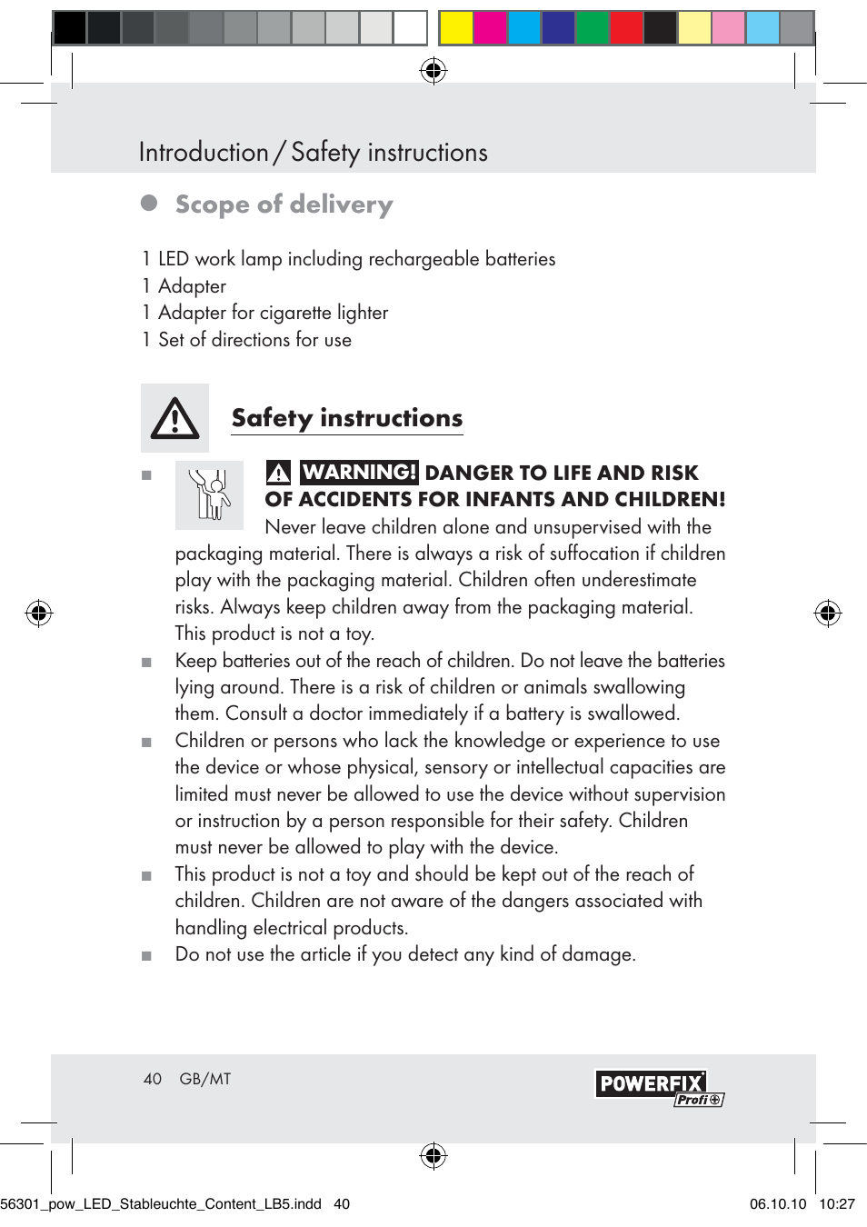 Introduction / safety instructions, Scope of delivery, Safety instructions | Powerfix Z30590-BS User Manual | Page 38 / 56