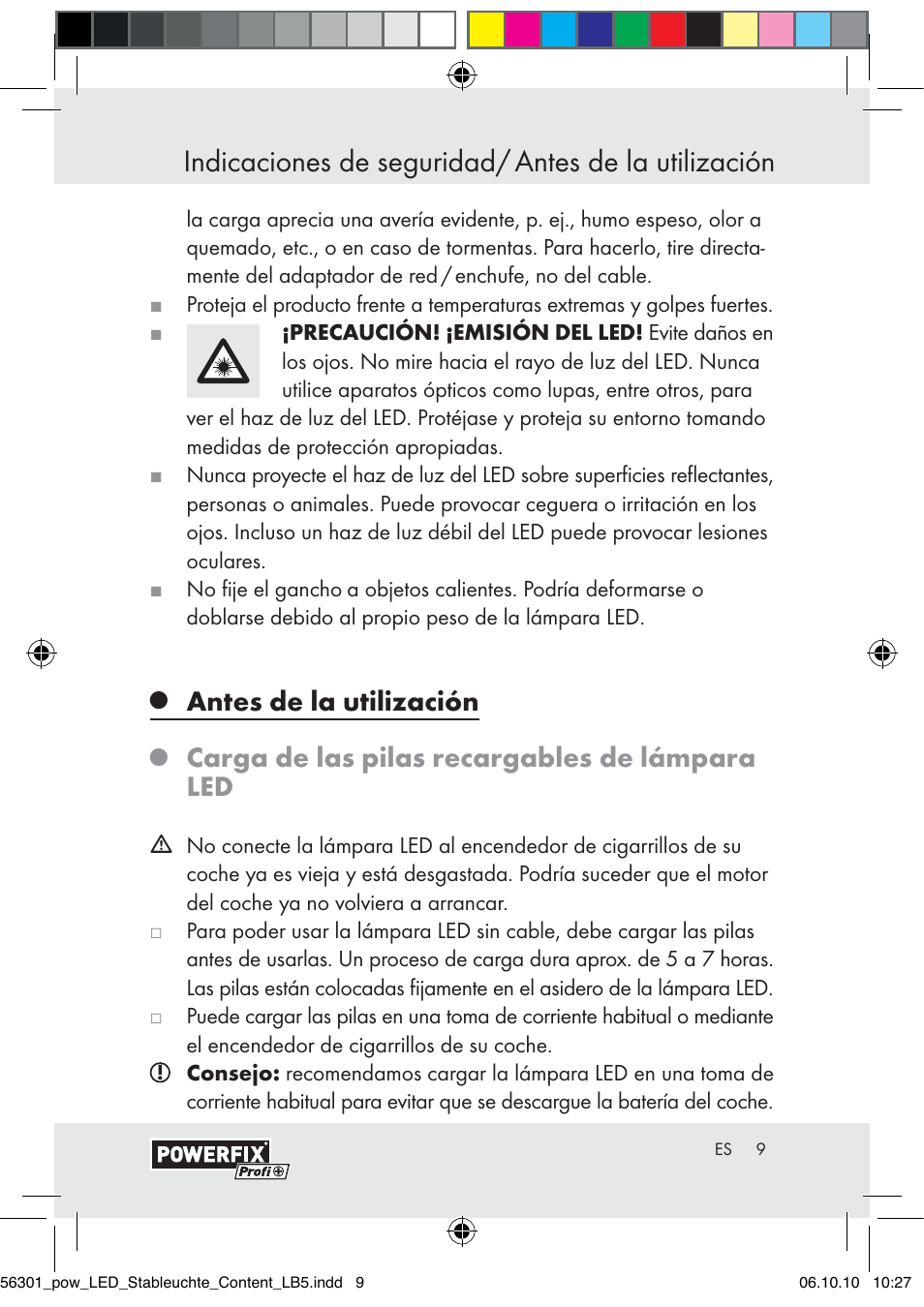 Indicaciones de seguridad/ antes de la utilización, Antes de la utilización, Carga de las pilas recargables de lámpara led | Powerfix Z30590-BS User Manual | Page 7 / 56