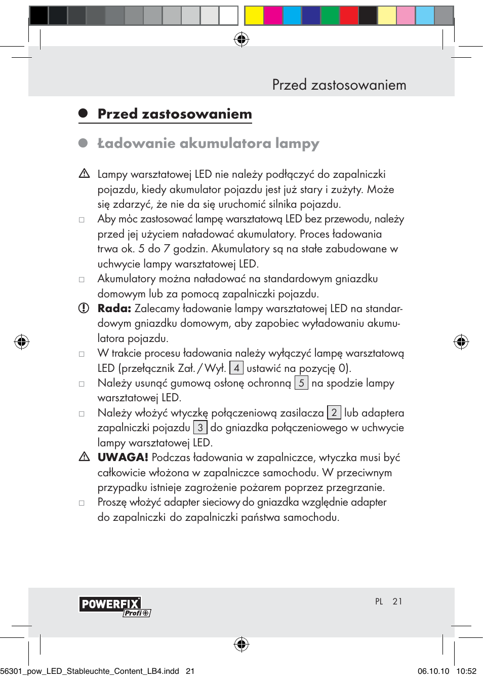 Przed zastosowaniem, Ładowanie akumulatora lampy | Powerfix Z30590-BS User Manual | Page 19 / 78