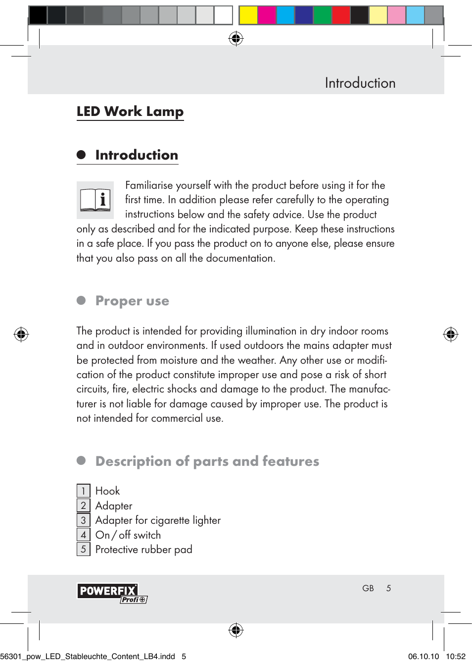 Introduction, Led work lamp, Proper use | Description of parts and features | Powerfix Z30590-BS User Manual | Page 3 / 78