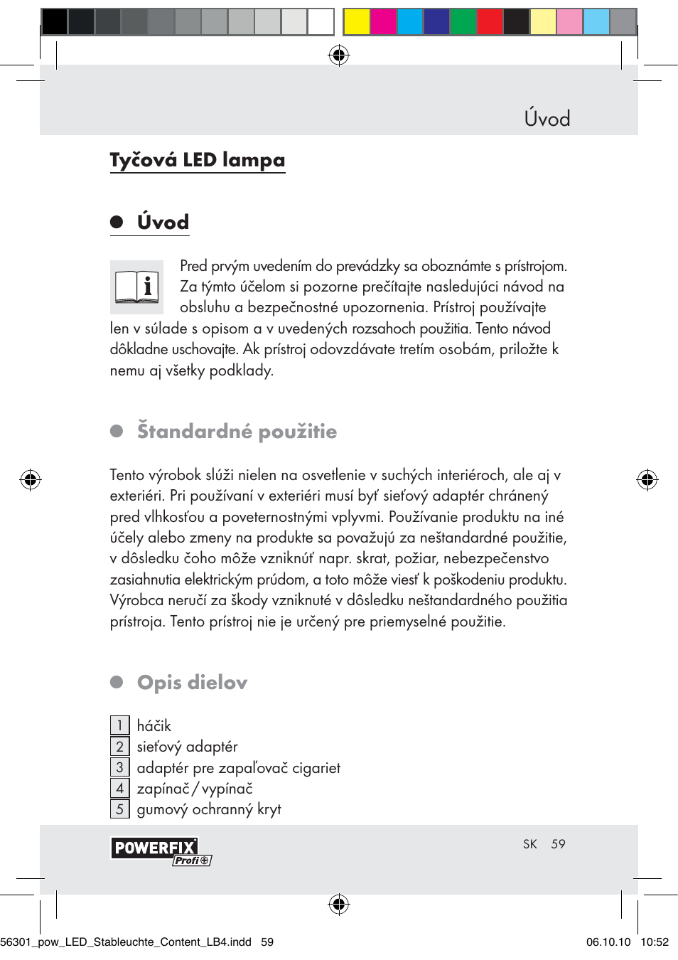 Úvod, Tyčová led lampa, Štandardné použitie | Opis dielov | Powerfix Z30590-BS User Manual | Page 59 / 78
