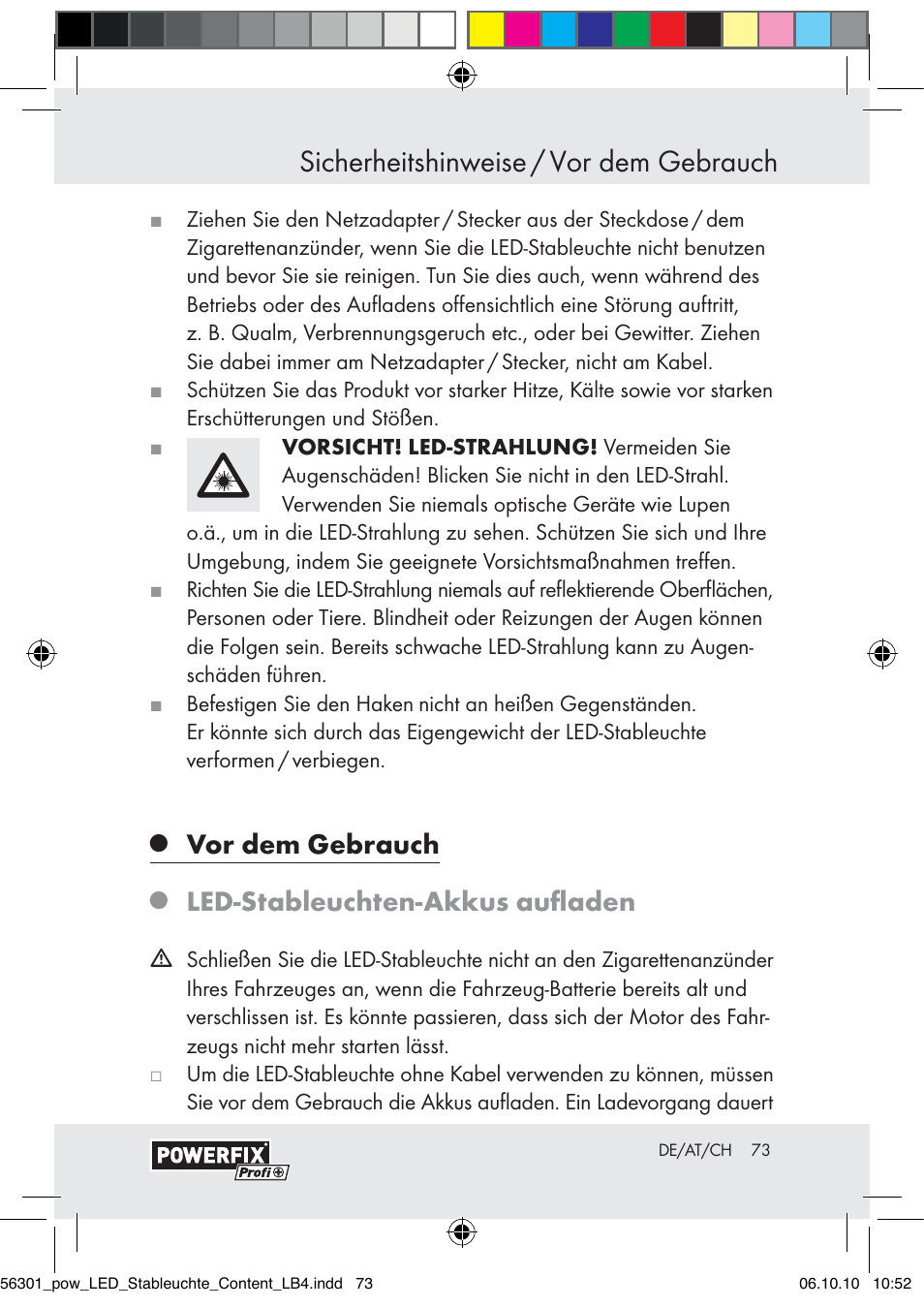 Sicherheitshinweise / vor dem gebrauch, Vor dem gebrauch, Led-stableuchten-akkus auﬂaden | Powerfix Z30590-BS User Manual | Page 73 / 78