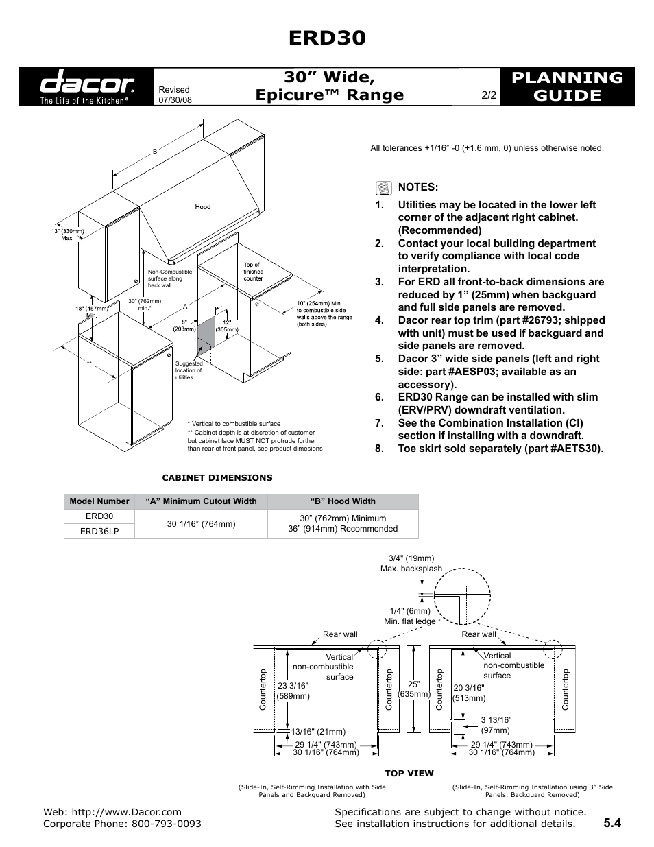 Erd30, Planning guide, 30” wide, epicure™ range | Dacor ERD30 User Manual | Page 2 / 2