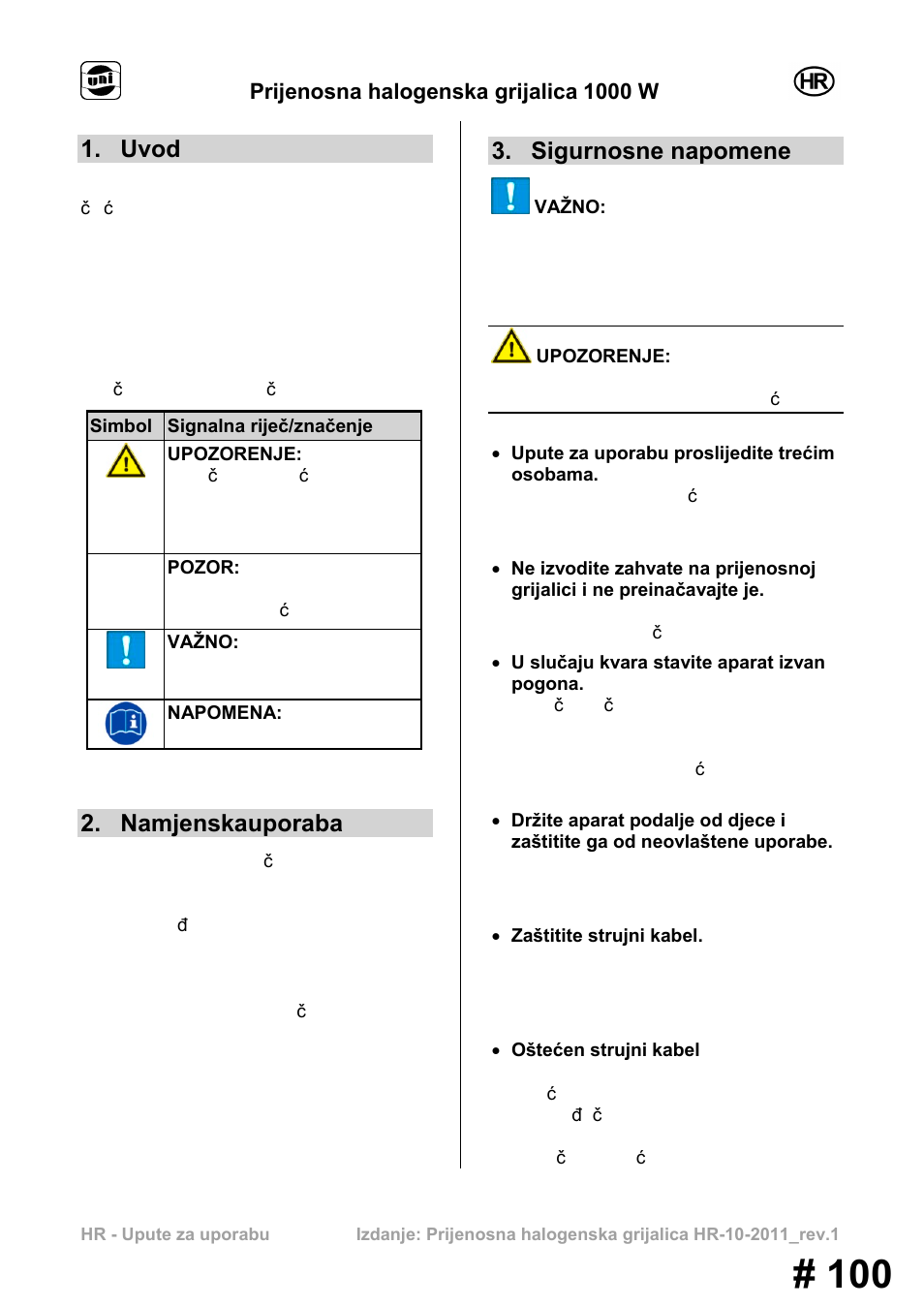 Uvod, Namjenskauporaba, Sigurnosne napomene | Prijenosna halogenska grijalica 1000 w | Powerfix MS 1000 W User Manual | Page 100 / 121