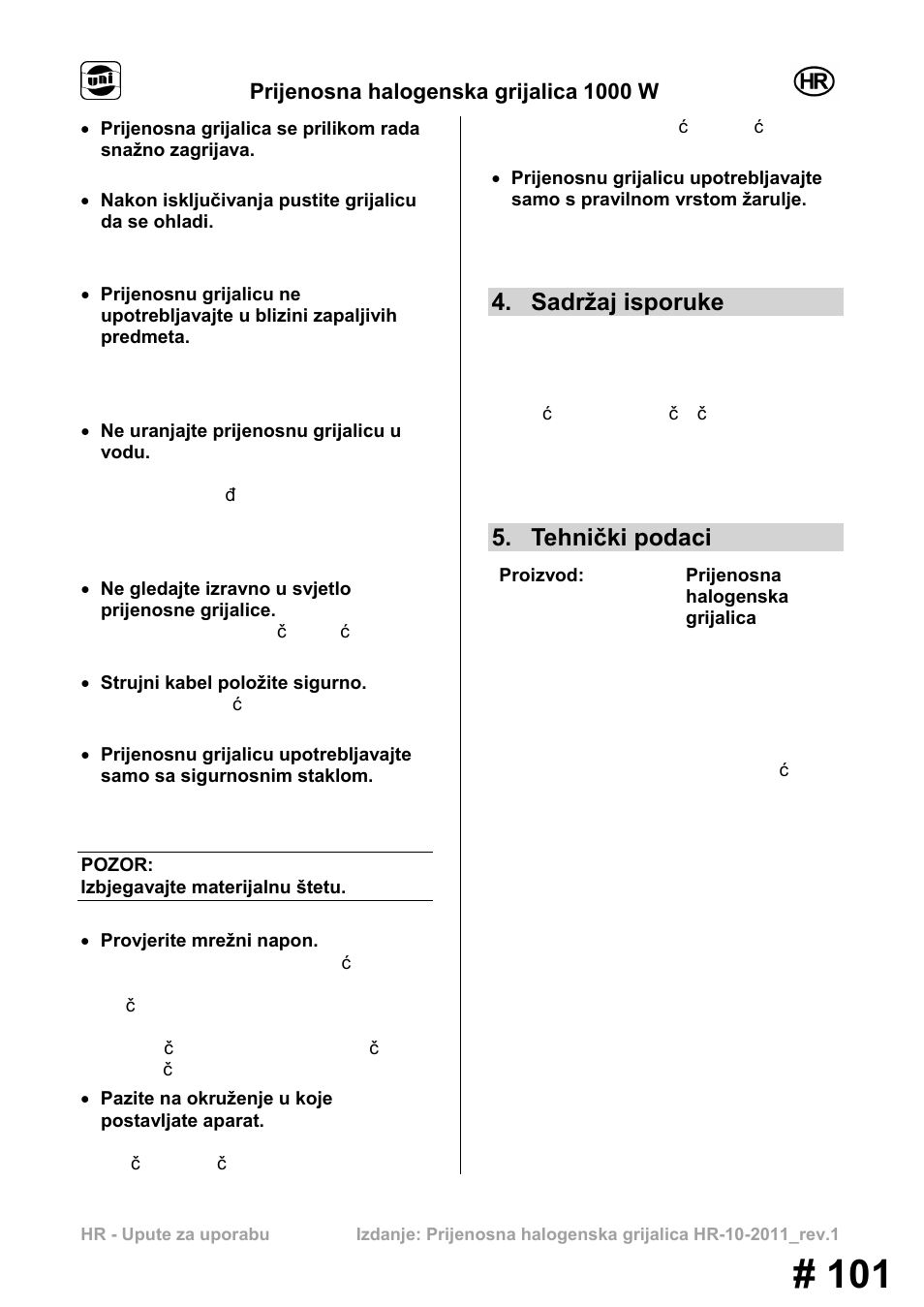 Sadržaj isporuke, Tehnički podaci | Powerfix MS 1000 W User Manual | Page 101 / 121