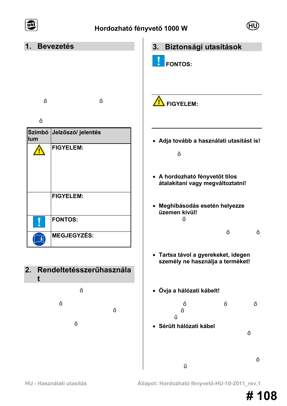 Bevezetés, Rendeltetésszerűhasznála t, Biztonsági utasítások | Hordozható fényvető 1000 w | Powerfix MS 1000 W User Manual | Page 108 / 121