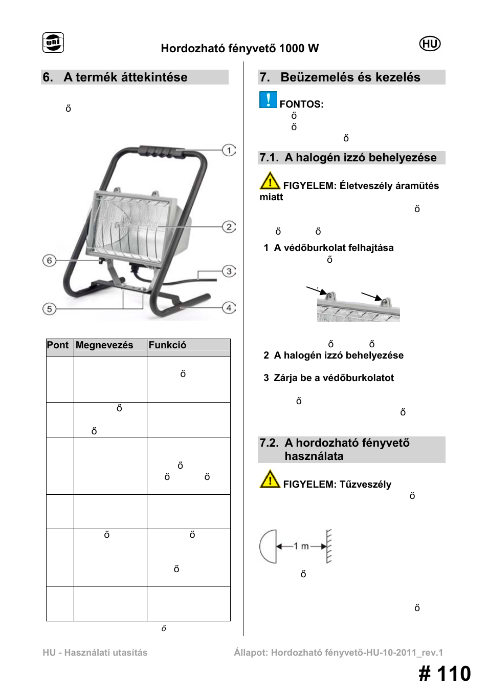 A termék áttekintése, Beüzemelés és kezelés, Hordozható fényvető 1000 w | A halogén izzó behelyezése, A hordozható fényvető használata | Powerfix MS 1000 W User Manual | Page 110 / 121