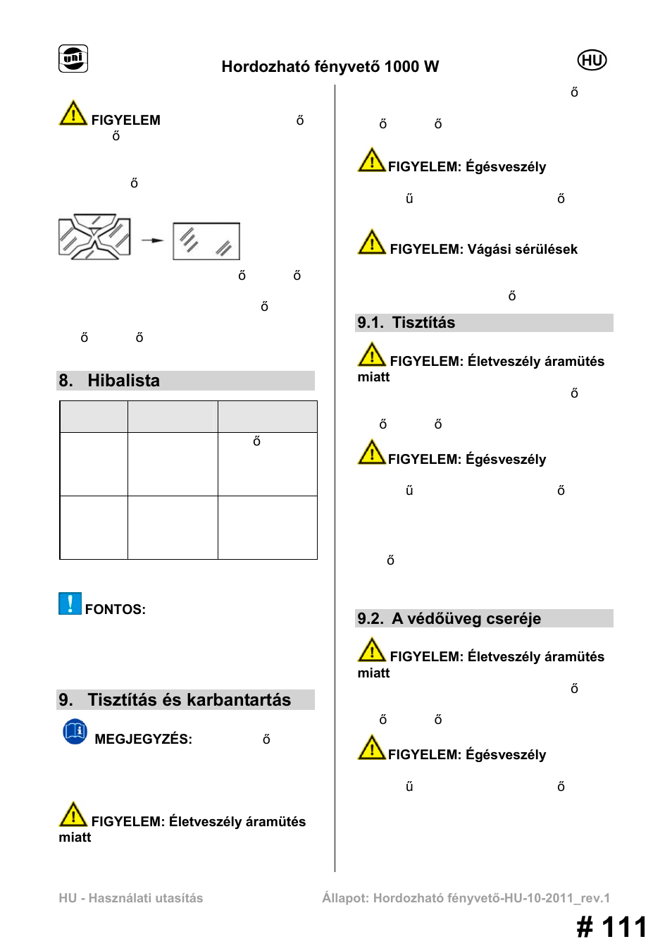 Hibalista, Tisztítás és karbantartás, Hordozható fényvető 1000 w | Tisztítás, A védőüveg cseréje | Powerfix MS 1000 W User Manual | Page 111 / 121