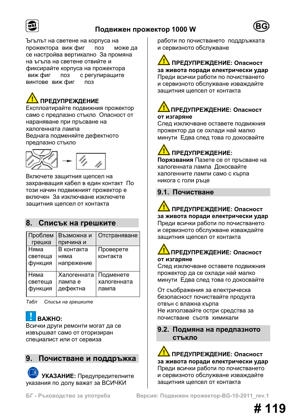 Списък на грешките, Почистване и поддръжка, Подвижен прожектор 1000 w | Почистване, Подмяна на предпазното стъкло | Powerfix MS 1000 W User Manual | Page 119 / 121