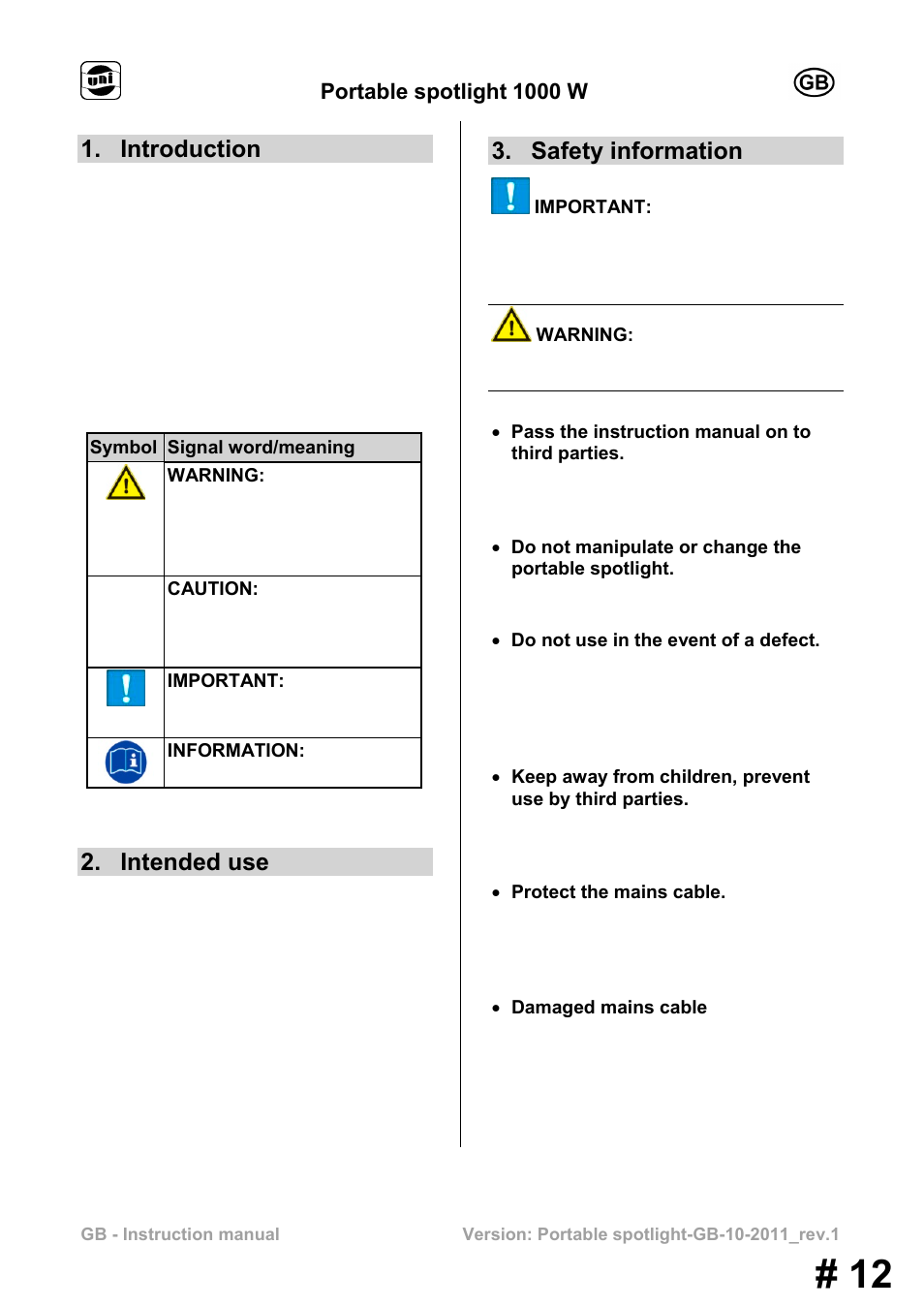 Introduction, Intended use, Safety information | Portable spotlight 1000 w | Powerfix MS 1000 W User Manual | Page 12 / 121