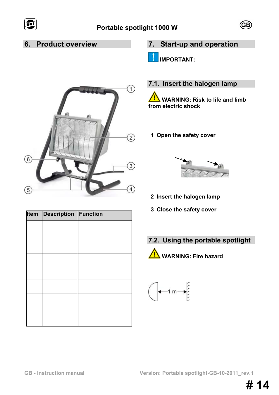 Product overview, Start-up and operation, Portable spotlight 1000 w | Insert the halogen lamp, Using the portable spotlight | Powerfix MS 1000 W User Manual | Page 14 / 121