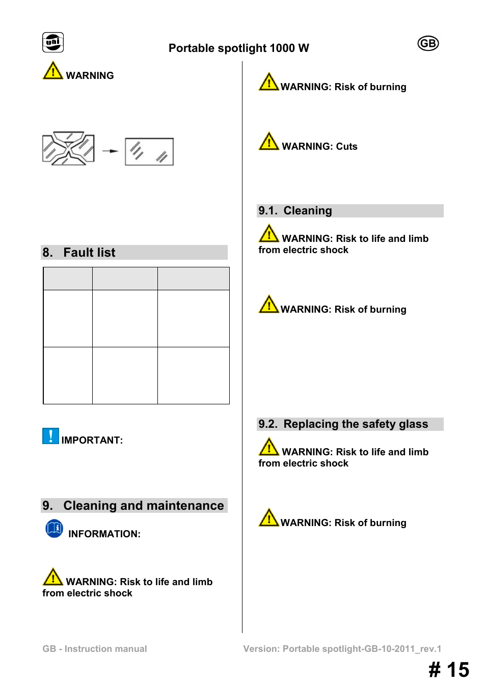 Fault list, Cleaning and maintenance, Portable spotlight 1000 w | Cleaning, Replacing the safety glass | Powerfix MS 1000 W User Manual | Page 15 / 121