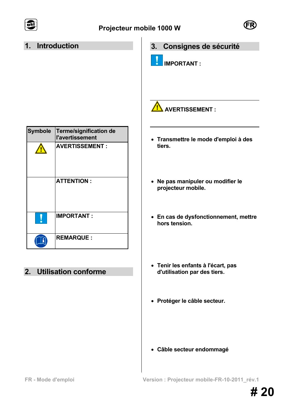 Introduction, Utilisation conforme, Consignes de sécurité | Projecteur mobile 1000 w | Powerfix MS 1000 W User Manual | Page 20 / 121