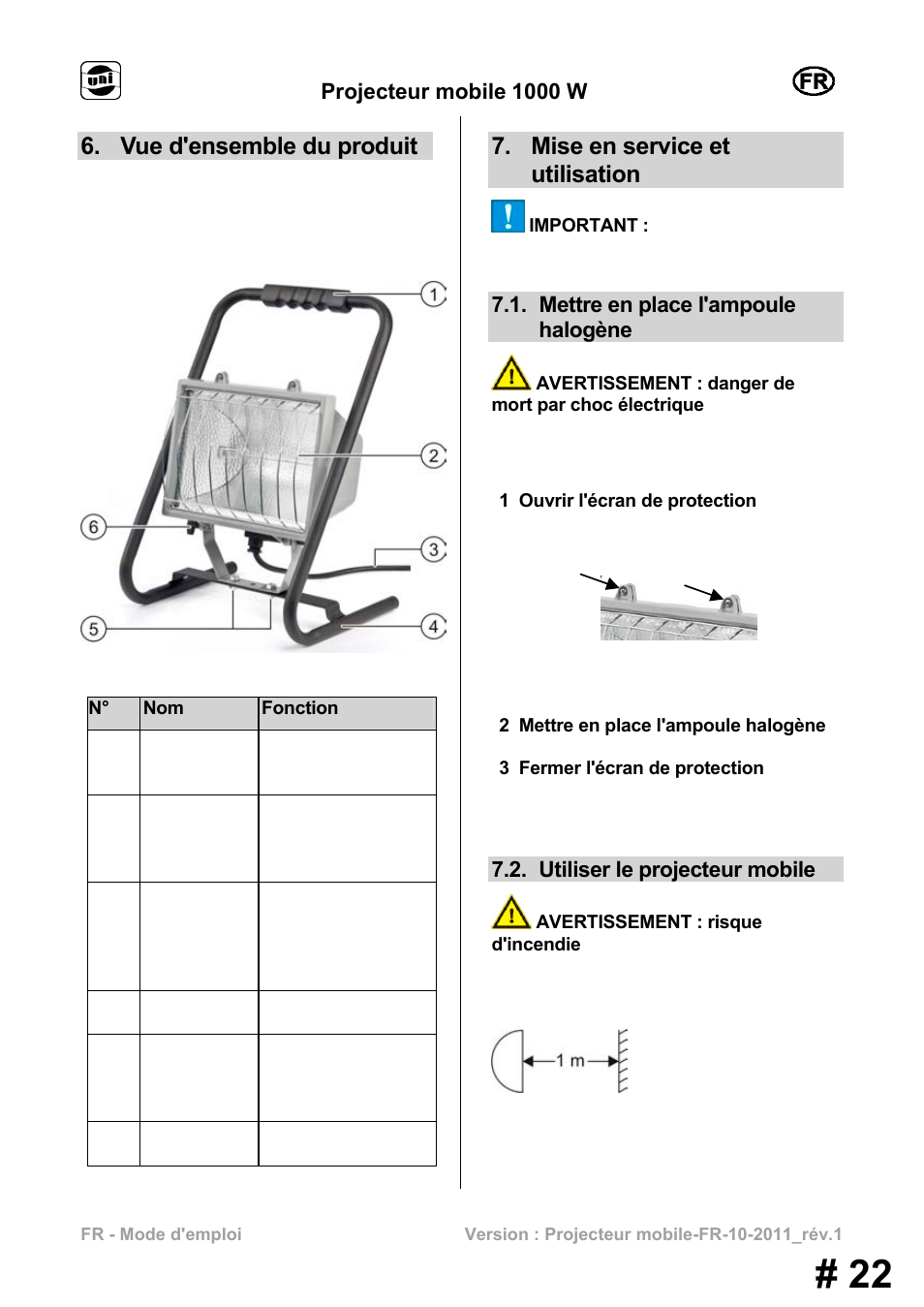 Vue d'ensemble du produit, Mise en service et utilisation, Projecteur mobile 1000 w | Mettre en place l'ampoule halogène, Utiliser le projecteur mobile | Powerfix MS 1000 W User Manual | Page 22 / 121