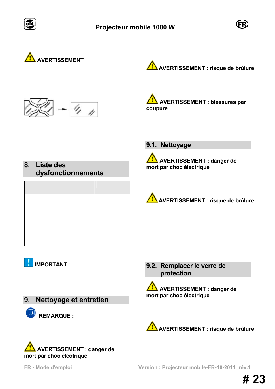 Liste des dysfonctionnements, Nettoyage et entretien, Projecteur mobile 1000 w | Nettoyage, Remplacer le verre de protection | Powerfix MS 1000 W User Manual | Page 23 / 121