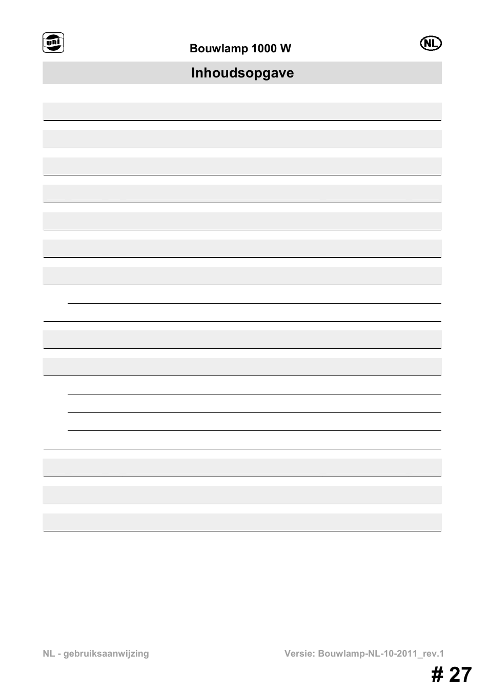 Inhoudsopgave, Bouwlamp 1000 w | Powerfix MS 1000 W User Manual | Page 27 / 121