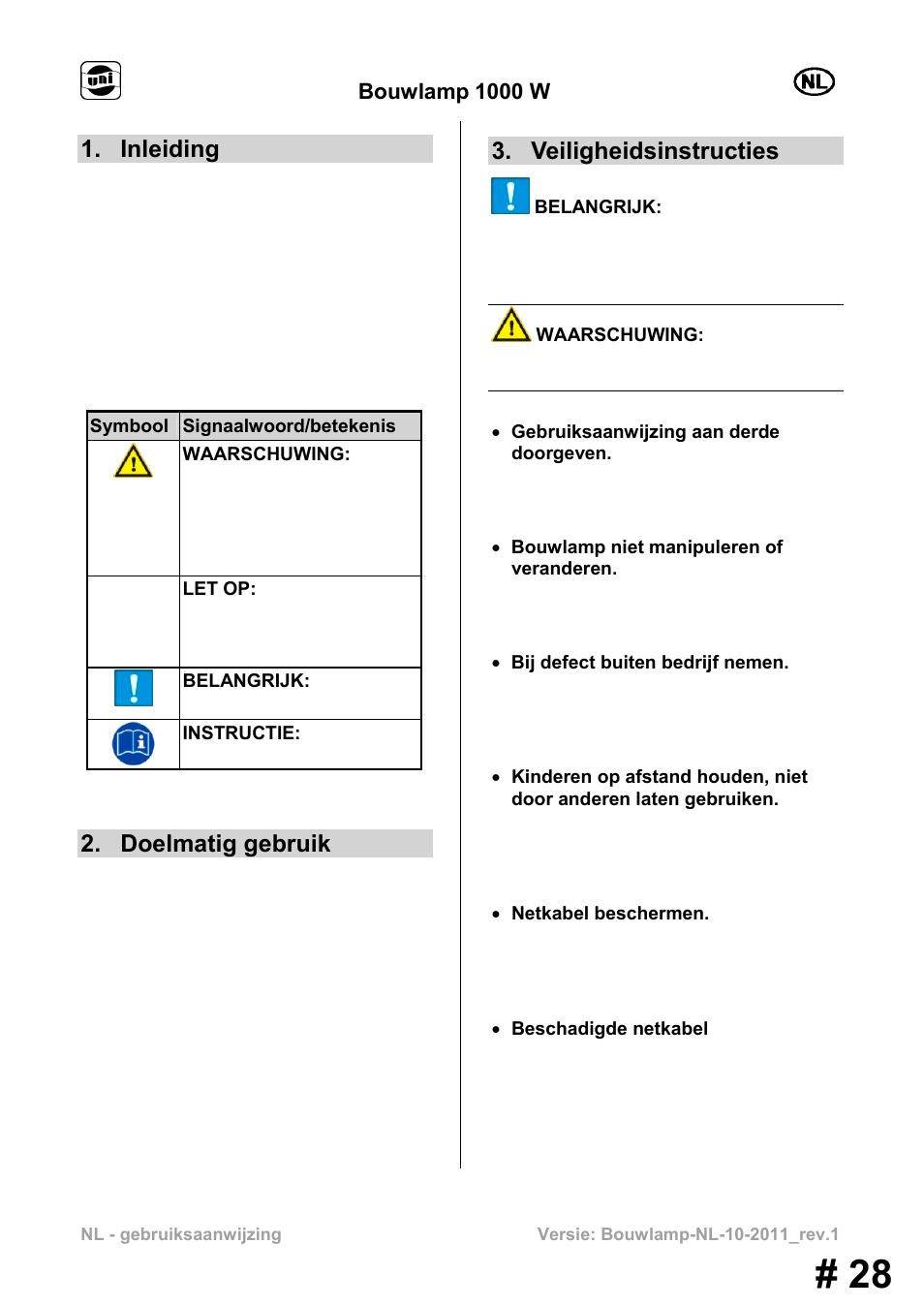 Inleiding, Doelmatig gebruik, Veiligheidsinstructies | Bouwlamp 1000 w | Powerfix MS 1000 W User Manual | Page 28 / 121