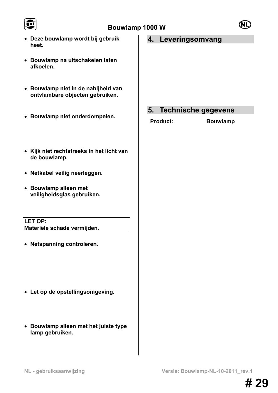 Leveringsomvang, Technische gegevens | Powerfix MS 1000 W User Manual | Page 29 / 121