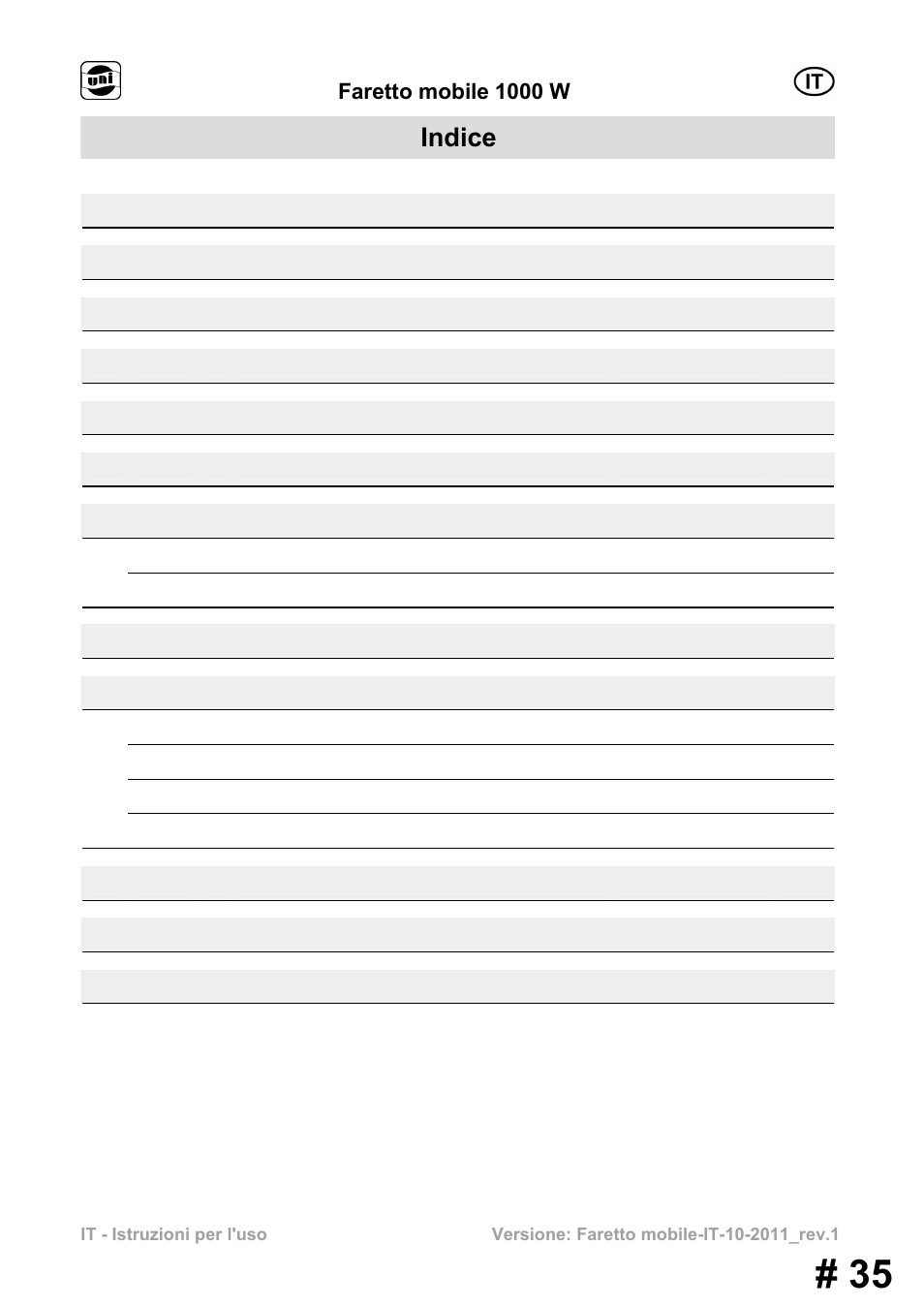 Indice, Faretto mobile 1000 w | Powerfix MS 1000 W User Manual | Page 35 / 121