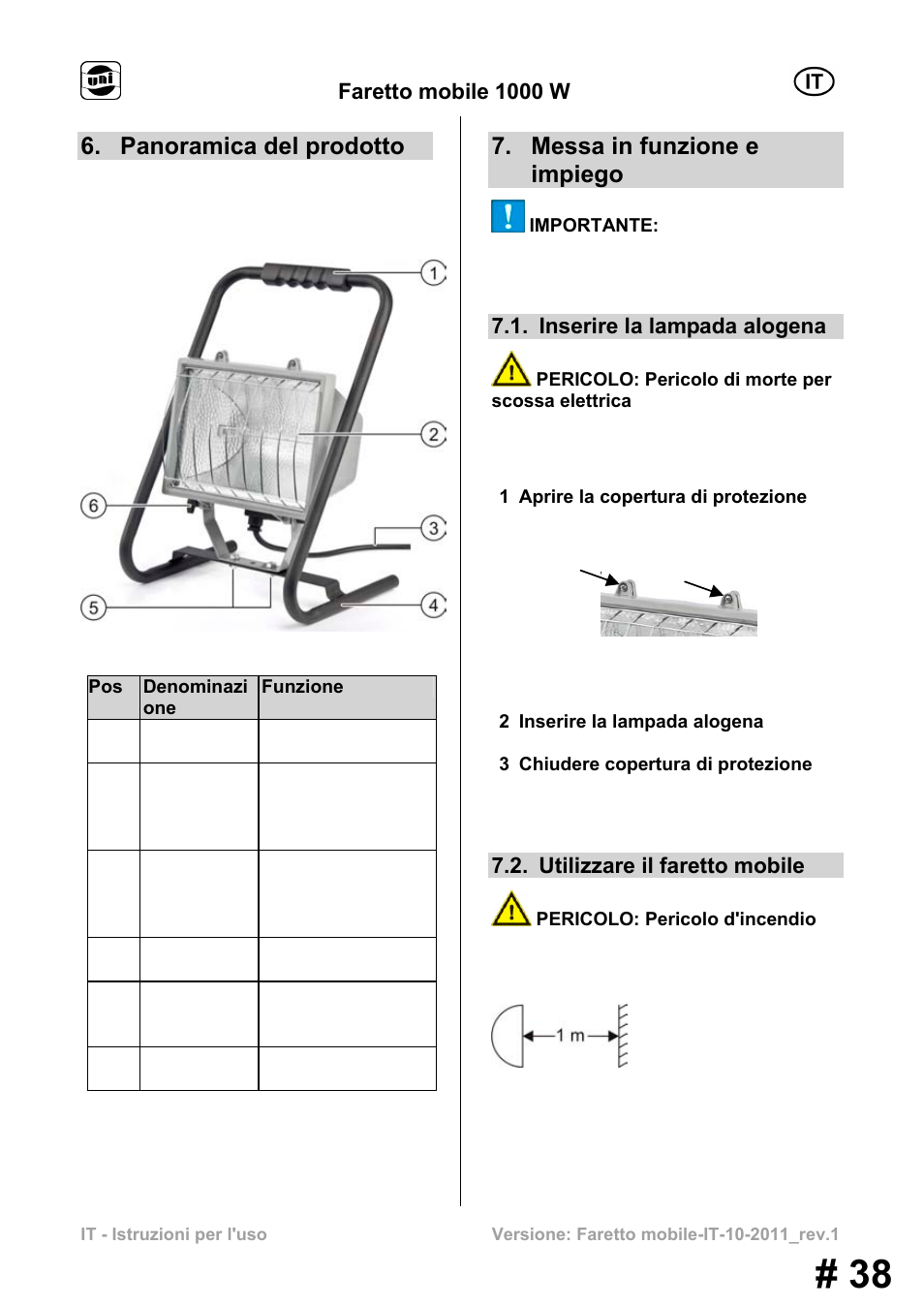 Panoramica del prodotto, Messa in funzione e impiego, Faretto mobile 1000 w | Inserire la lampada alogena, Utilizzare il faretto mobile | Powerfix MS 1000 W User Manual | Page 38 / 121