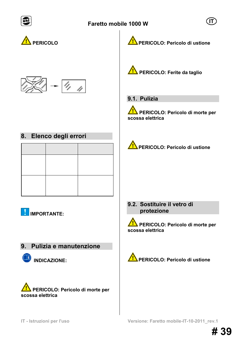 Elenco degli errori, Pulizia e manutenzione, Faretto mobile 1000 w | Pulizia, Sostituire il vetro di protezione | Powerfix MS 1000 W User Manual | Page 39 / 121