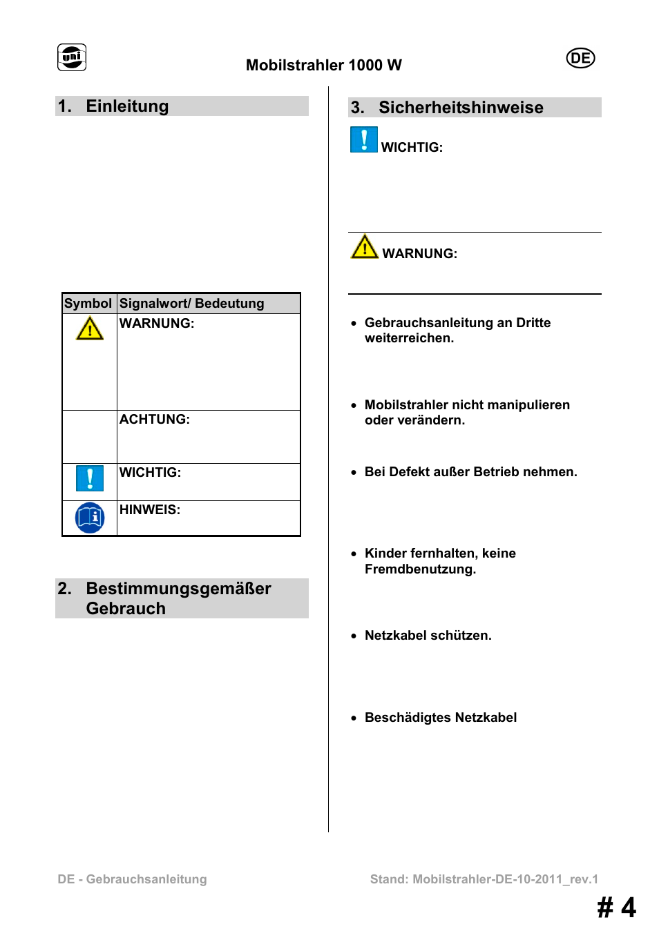 Einleitung, Bestimmungsgemäßer gebrauch, Sicherheitshinweise | Mobilstrahler 1000 w | Powerfix MS 1000 W User Manual | Page 4 / 121