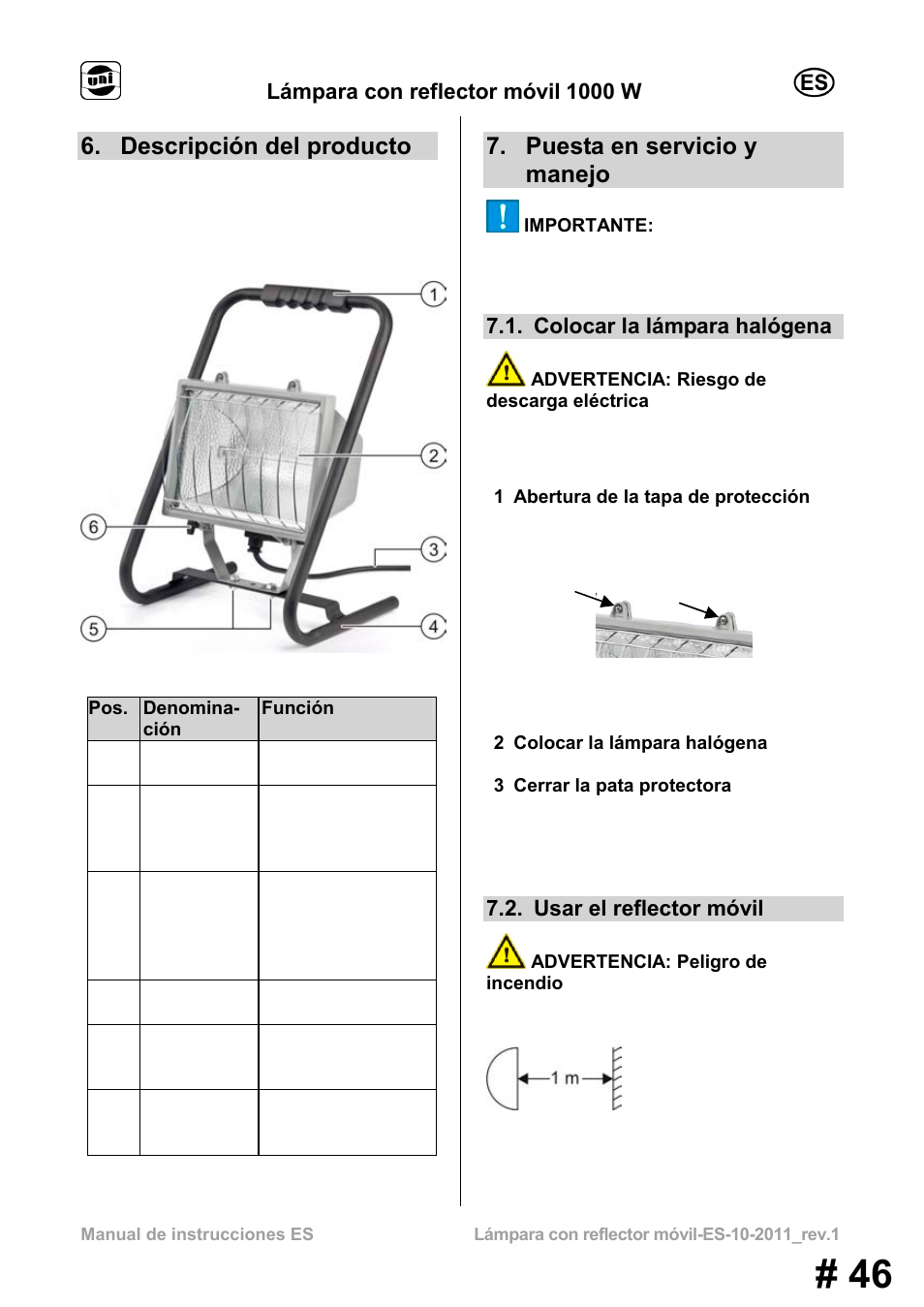 Descripción del producto, Puesta en servicio y manejo, Lámpara con reflector móvil 1000 w | Colocar la lámpara halógena, Usar el reflector móvil | Powerfix MS 1000 W User Manual | Page 46 / 121