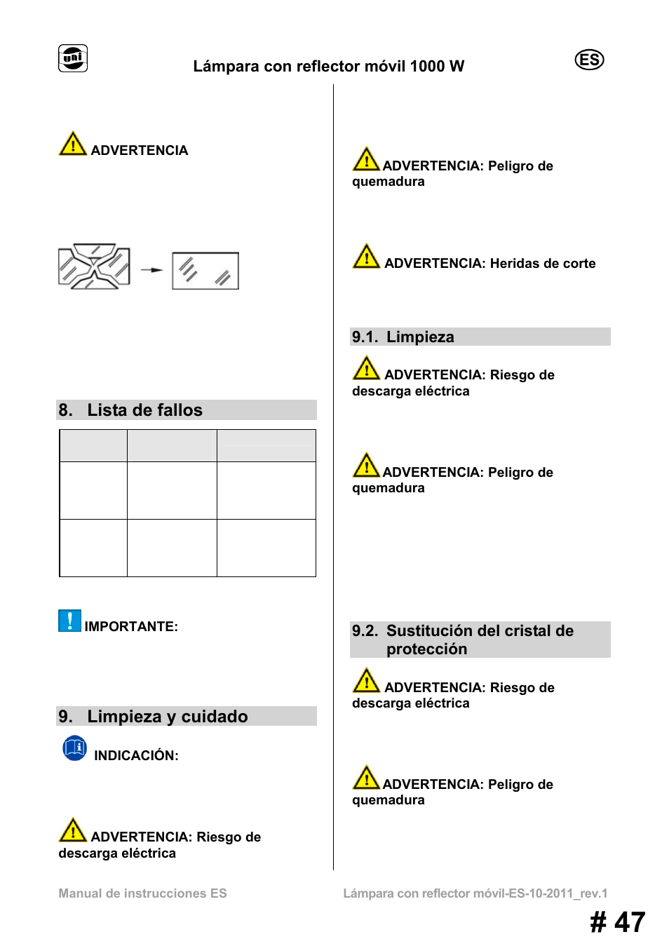 Lista de fallos, Limpieza y cuidado, Lámpara con reflector móvil 1000 w | Limpieza, Sustitución del cristal de protección | Powerfix MS 1000 W User Manual | Page 47 / 121