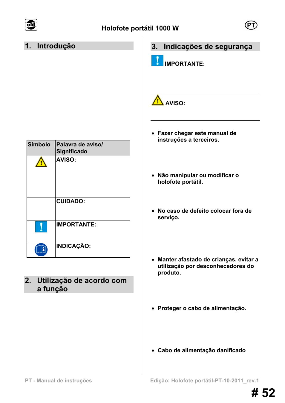 Introdução, Utilização de acordo com a função, Indicações de segurança | Holofote portátil 1000 w | Powerfix MS 1000 W User Manual | Page 52 / 121