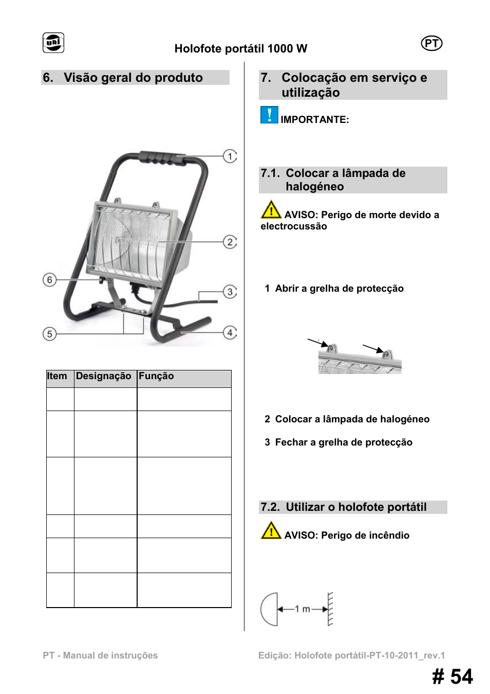 Visão geral do produto, Colocação em serviço e utilização, Holofote portátil 1000 w | Colocar a lâmpada de halogéneo, Utilizar o holofote portátil | Powerfix MS 1000 W User Manual | Page 54 / 121