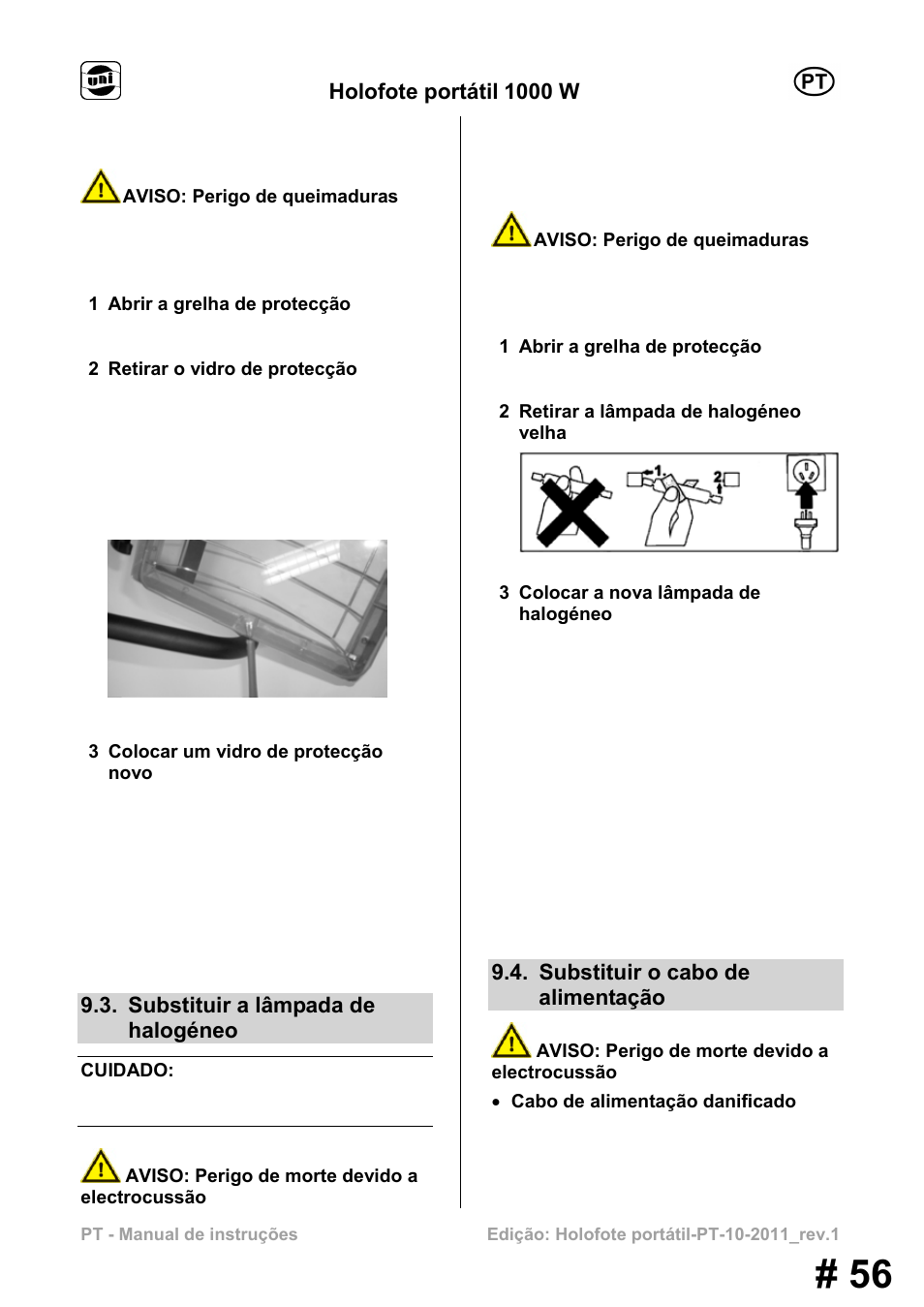 Holofote portátil 1000 w, Substituir a lâmpada de halogéneo, Substituir o cabo de alimentação | Powerfix MS 1000 W User Manual | Page 56 / 121