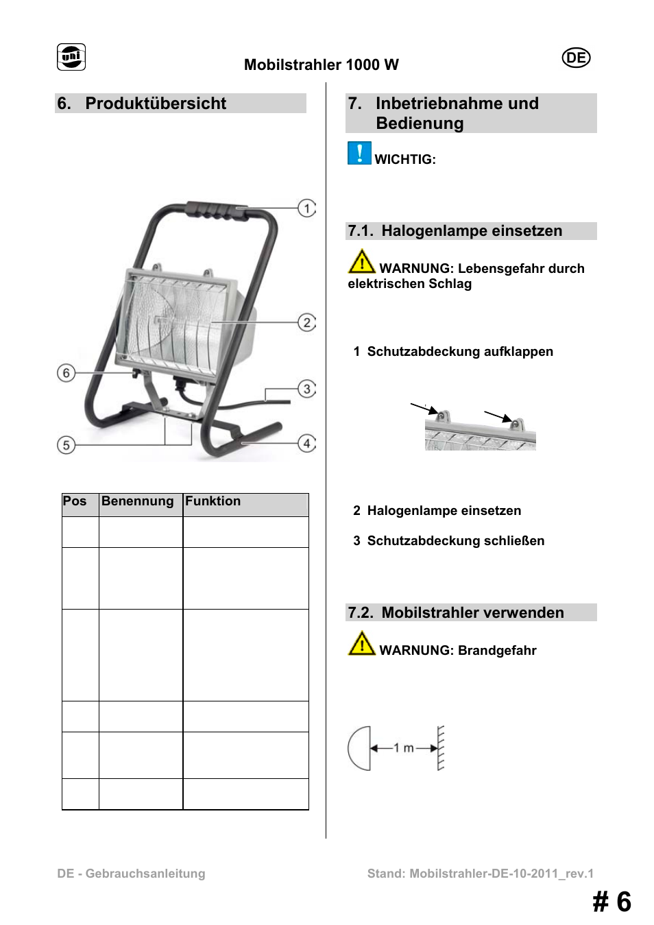 Produktübersicht, Inbetriebnahme und bedienung, Mobilstrahler 1000 w | Halogenlampe einsetzen, Mobilstrahler verwenden | Powerfix MS 1000 W User Manual | Page 6 / 121