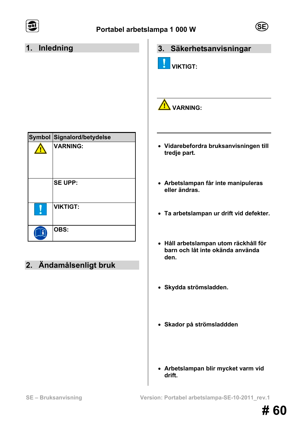 Inledning, Ändamålsenligt bruk, Säkerhetsanvisningar | Portabel arbetslampa 1 000 w | Powerfix MS 1000 W User Manual | Page 60 / 121