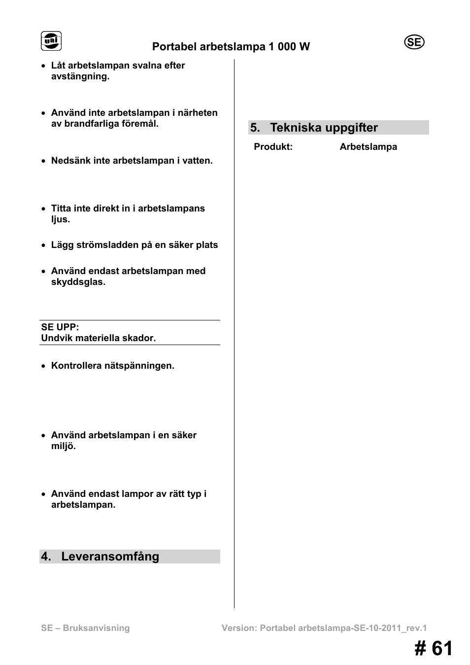 Leveransomfång, Tekniska uppgifter | Powerfix MS 1000 W User Manual | Page 61 / 121