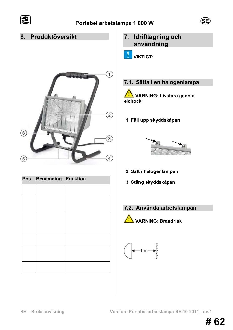 Produktöversikt, Idrifttagning och användning, Portabel arbetslampa 1 000 w | Sätta i en halogenlampa, Använda arbetslampan | Powerfix MS 1000 W User Manual | Page 62 / 121