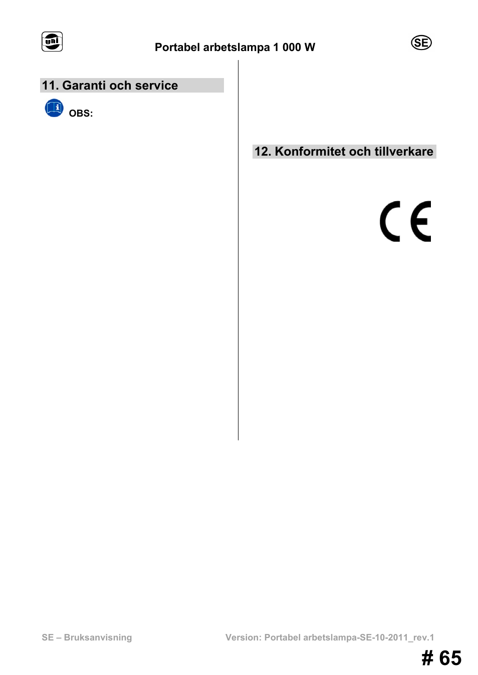 Garanti och service, Konformitet och tillverkare | Powerfix MS 1000 W User Manual | Page 65 / 121