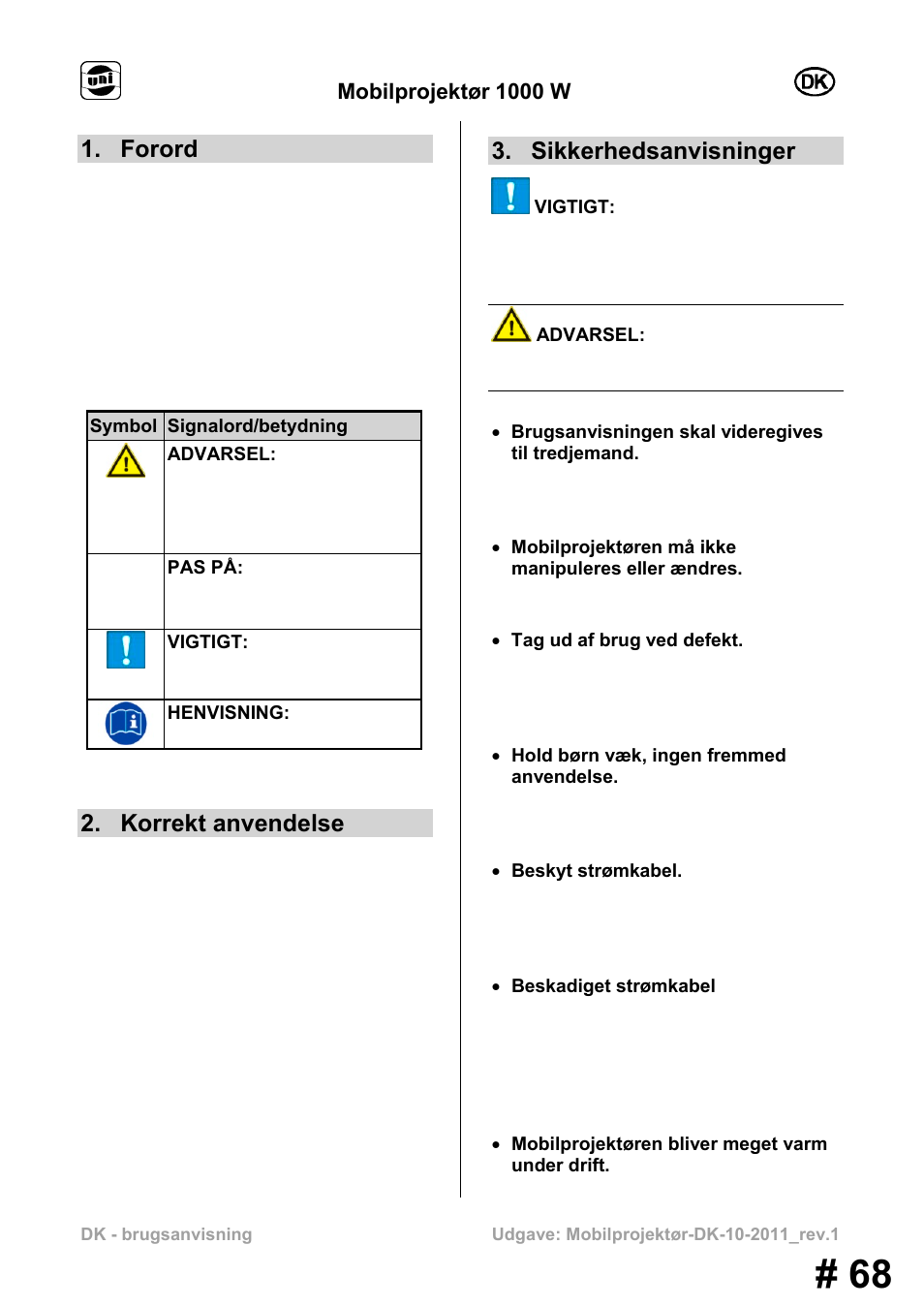 Forord, Korrekt anvendelse, Sikkerhedsanvisninger | Mobilprojektør 1000 w | Powerfix MS 1000 W User Manual | Page 68 / 121