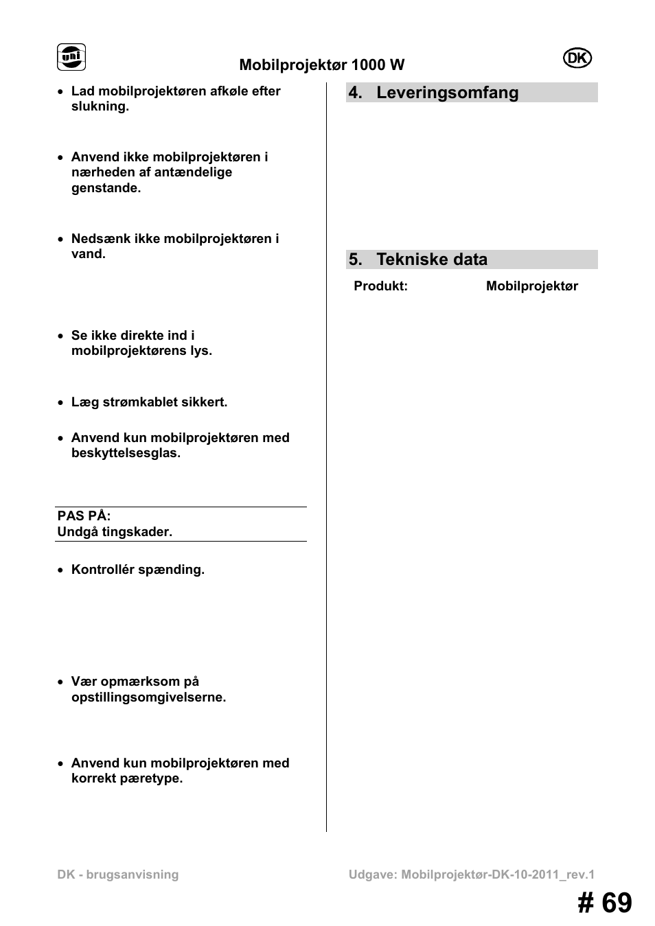 Leveringsomfang, Tekniske data | Powerfix MS 1000 W User Manual | Page 69 / 121