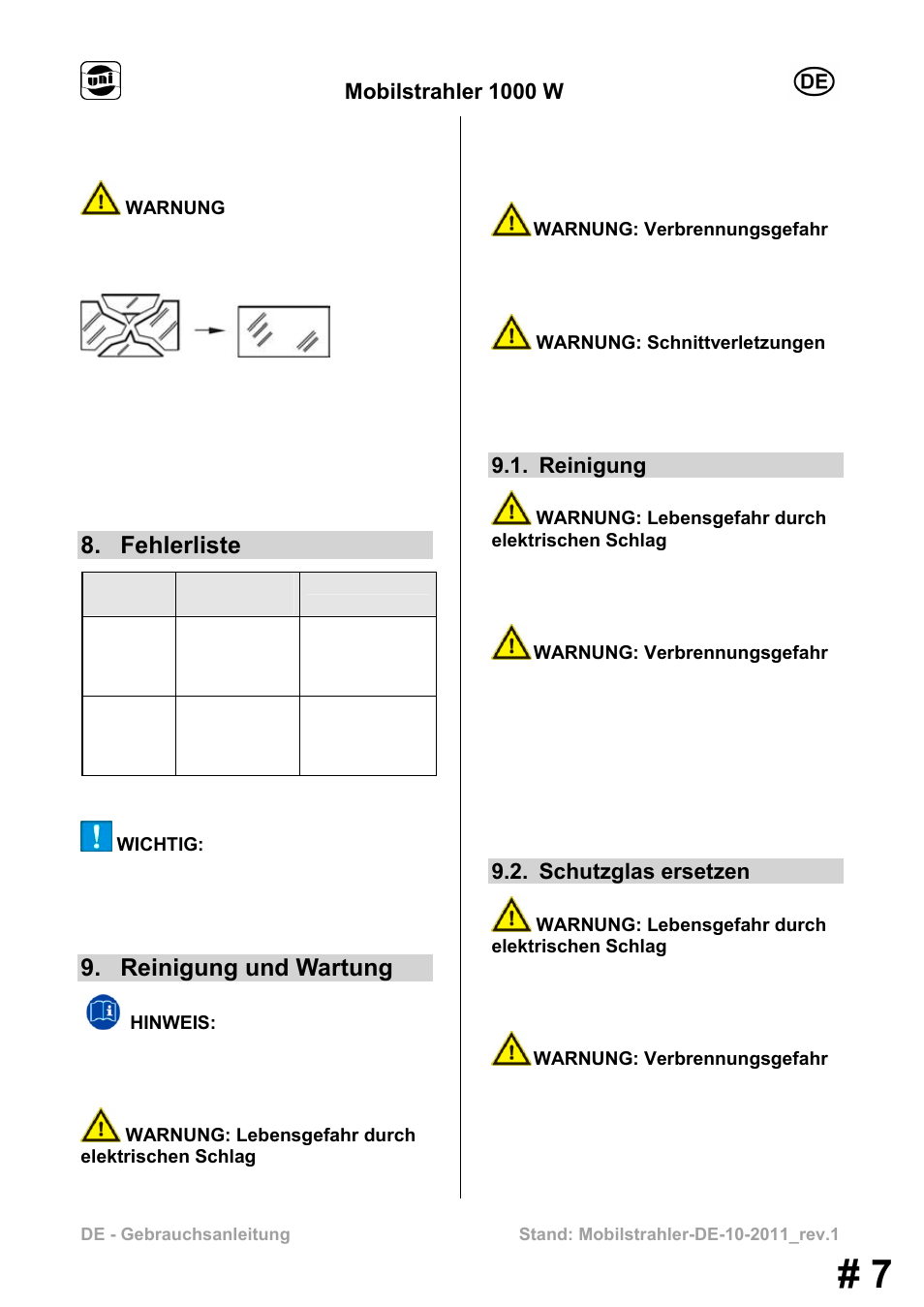 Fehlerliste, Reinigung und wartung, Mobilstrahler 1000 w | Reinigung, Schutzglas ersetzen | Powerfix MS 1000 W User Manual | Page 7 / 121