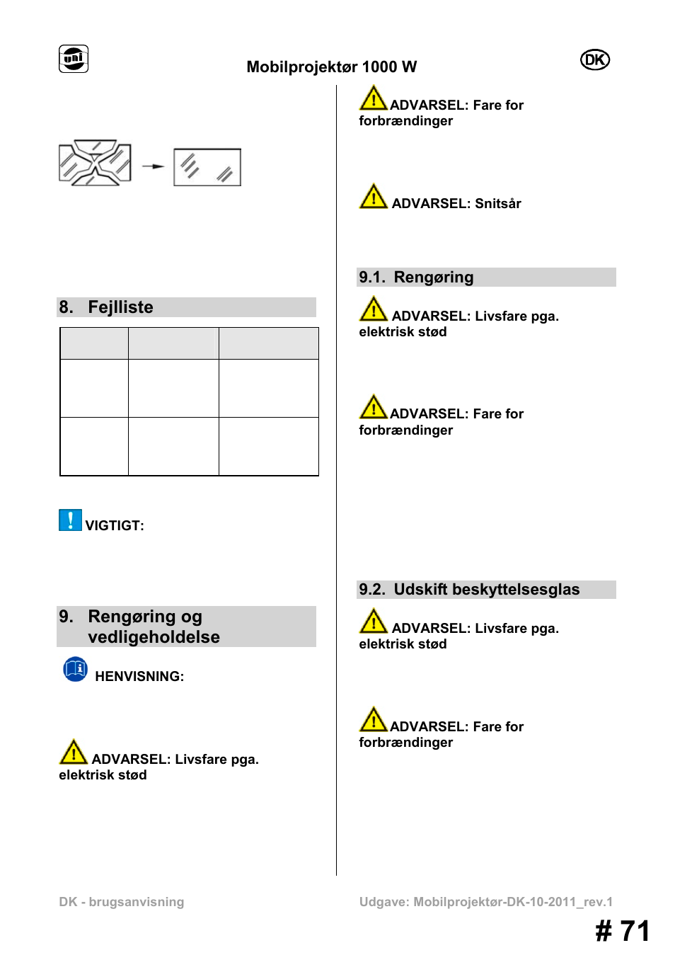 Fejlliste, Rengøring og vedligeholdelse, Mobilprojektør 1000 w | Rengøring, Udskift beskyttelsesglas | Powerfix MS 1000 W User Manual | Page 71 / 121