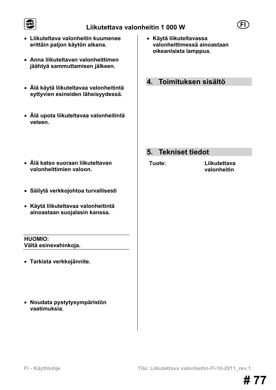 Toimituksen sisältö, Tekniset tiedot | Powerfix MS 1000 W User Manual | Page 77 / 121