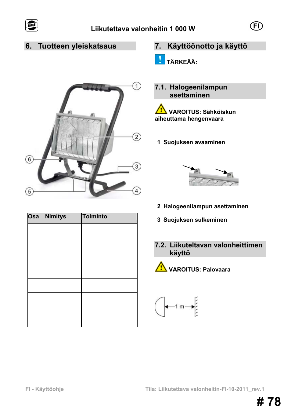 Tuotteen yleiskatsaus, Käyttöönotto ja käyttö, Liikutettava valonheitin 1 000 w | Halogeenilampun asettaminen, Liikuteltavan valonheittimen käyttö | Powerfix MS 1000 W User Manual | Page 78 / 121