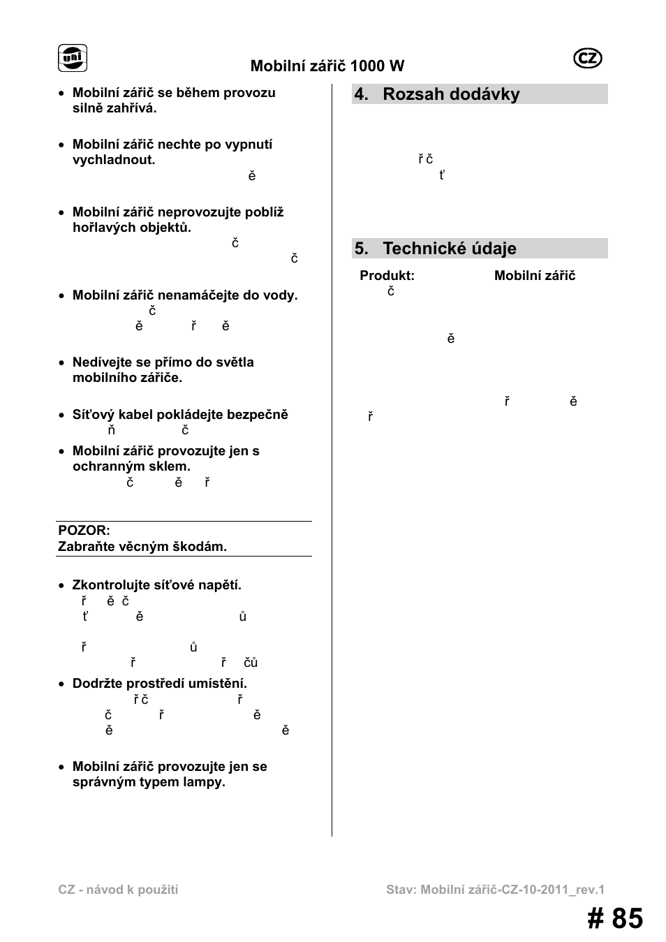 Rozsah dodávky, Technické údaje | Powerfix MS 1000 W User Manual | Page 85 / 121