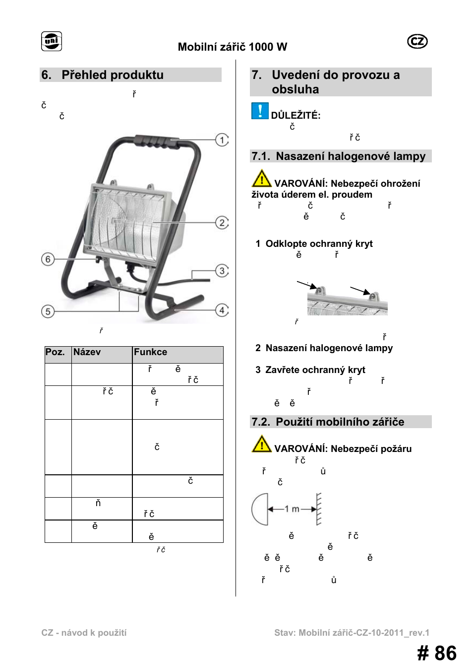 Přehled produktu, Uvedení do provozu a obsluha, Mobilní zářič 1000 w | Nasazení halogenové lampy, Použití mobilního zářiče | Powerfix MS 1000 W User Manual | Page 86 / 121