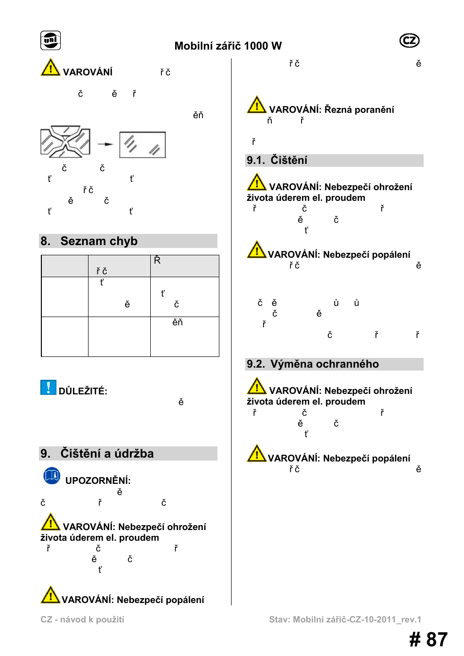 Seznam chyb, Čištění a údržba, Mobilní zářič 1000 w | Čištění, Výměna ochranného | Powerfix MS 1000 W User Manual | Page 87 / 121